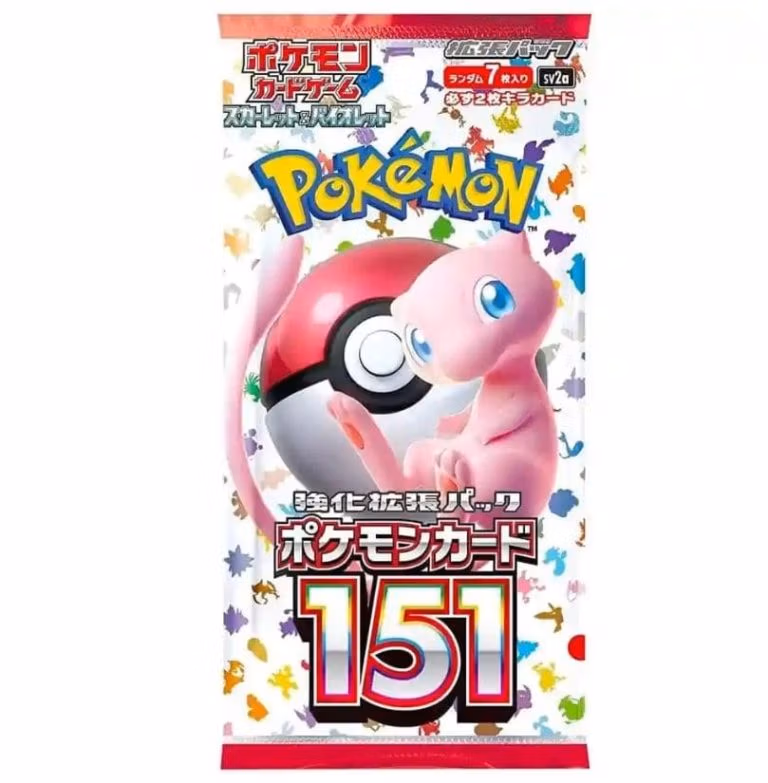 Pokémon 151 booster pack featuring colorful artwork and branding for the Pokémon Trading Card Game.