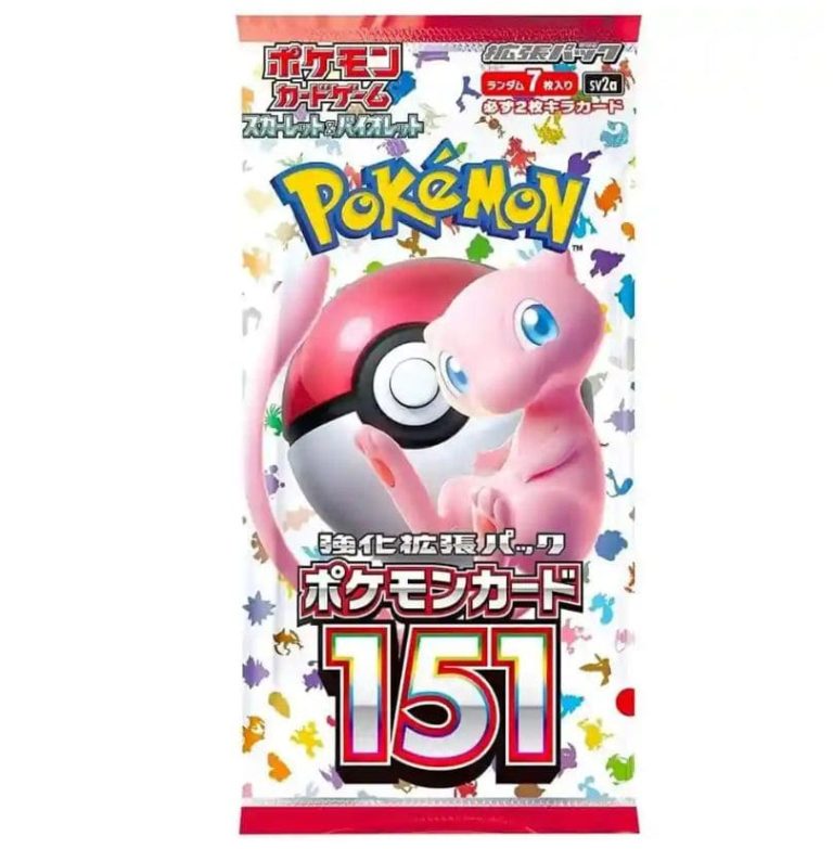 Pokémon 151 booster pack featuring colorful artwork and branding for the Pokémon Trading Card Game.