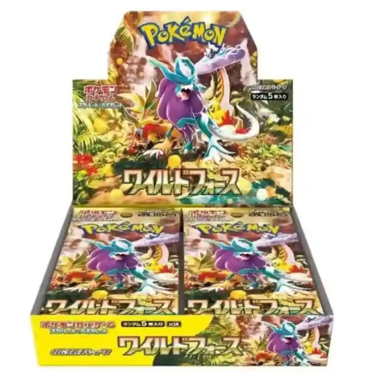 Wild Force Pokémon trading card game booster box featuring vibrant artwork and multiple booster packs inside.