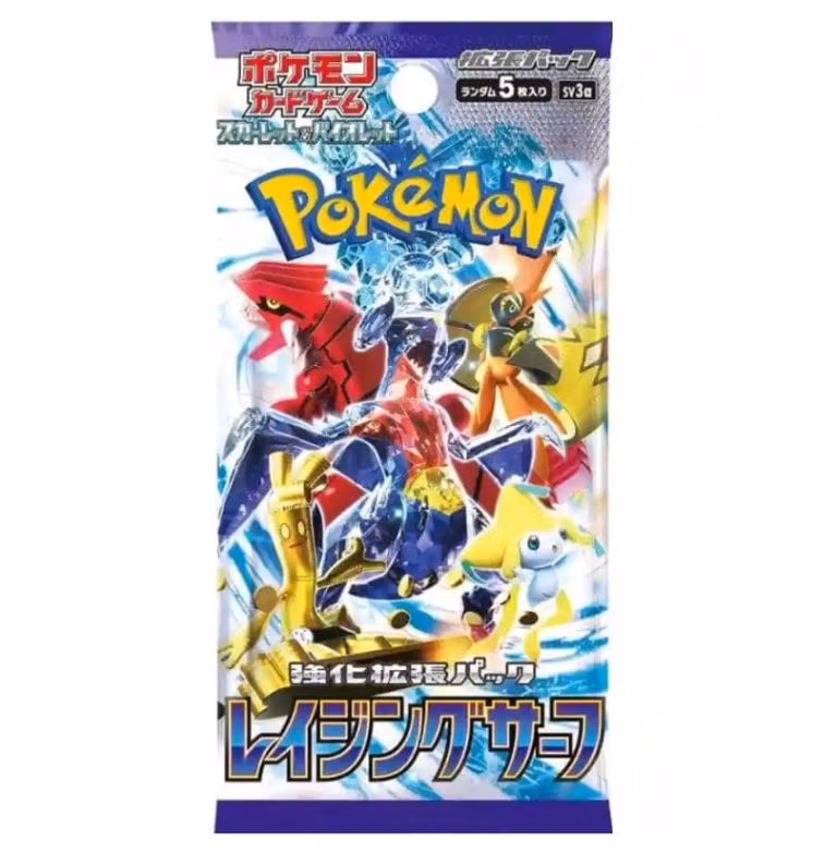 Pokemon Raging Surf booster pack displayed against a blue background, featuring vibrant artwork and branding.