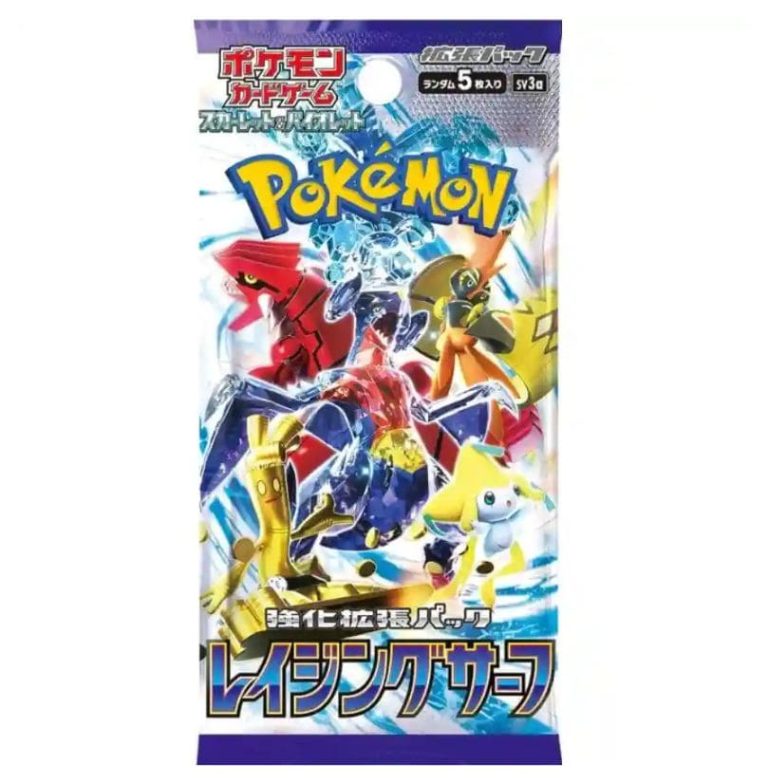Pokemon Raging Surf booster pack displayed against a blue background, featuring vibrant artwork and branding.