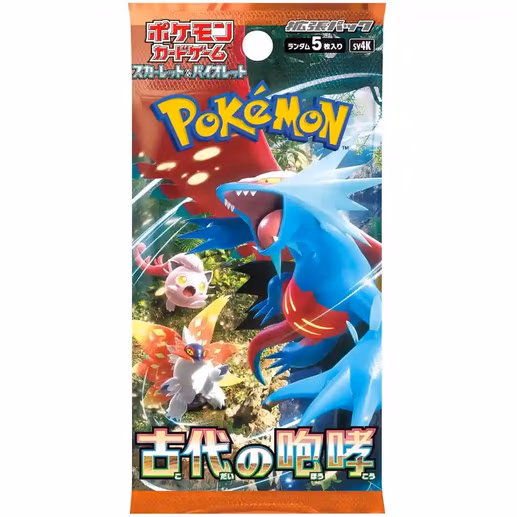 Pokemon Ancient Roar Booster Pack (sv4k) featuring vibrant artwork and collectible cards for the trading card game.