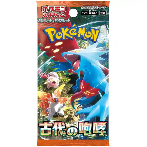 Pokemon Ancient Roar Booster Pack (sv4k) featuring vibrant artwork and collectible cards for the trading card game.