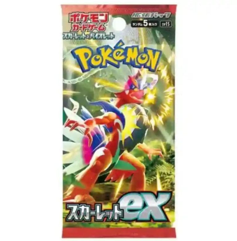 Scarlet ex Pokémon trading card game booster pack featuring vibrant artwork and branding.