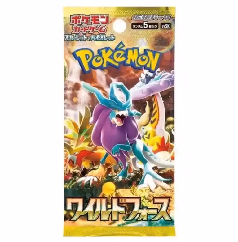 Wild Force Pokémon trading card game booster pack featuring colorful artwork and various card illustrations.