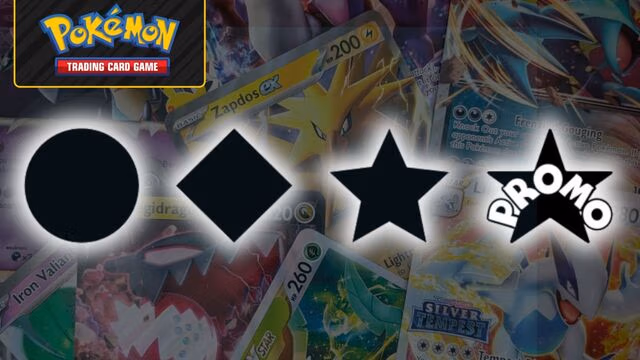 An infographic-style image explaining Pokémon Scarlet & Violet card rarities, showing a row of black symbols—circle, diamond, star, and special ‘Promo’ star—over a colorful background of Pokémon cards, with the Pokémon Trading Card Game logo in the top-left corner