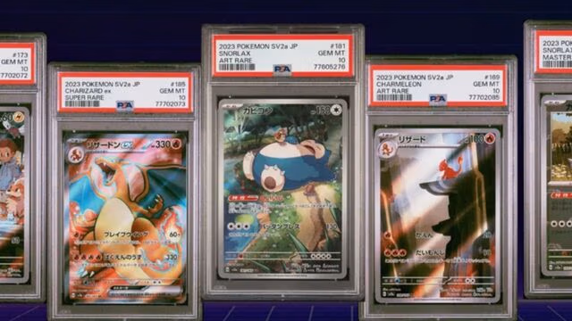 A lineup of PSA-graded Pokémon cards displayed side by side, including high-grade Charizard, Snorlax, and Charmeleon cards from Japanese sets, each sealed in clear PSA cases with Gem Mint labels, shown against a dark background to highlight their collectible value.