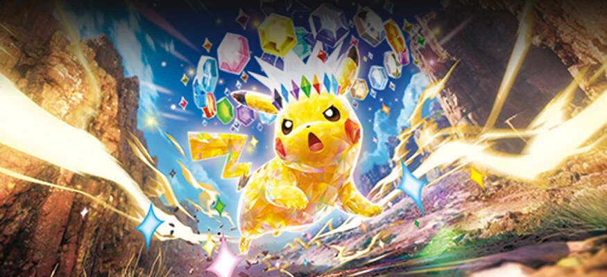 A dynamic illustration of Pikachu in a Terastal-style crystalline form, leaping forward while surrounded by sparkling multicolored gems and bursts of electric energy, set against a dramatic rocky landscape with lightning-like effects.