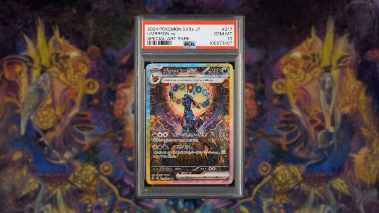 A PSA-graded Pokémon card displayed at the center of the image, featuring Umbreon ex from the Japanese Terastal Festival set labeled as a Special Art Rare with a Gem Mint 10 grade, shown against a dark, symmetrical, and colorful abstract background that emphasizes the card’s premium and collectible status.