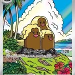 Alolan Dugtrio Japanese Art Rare card #116/106 standing on a tropical beach with palm trees, fluffy clouds, and bright blue skies.
