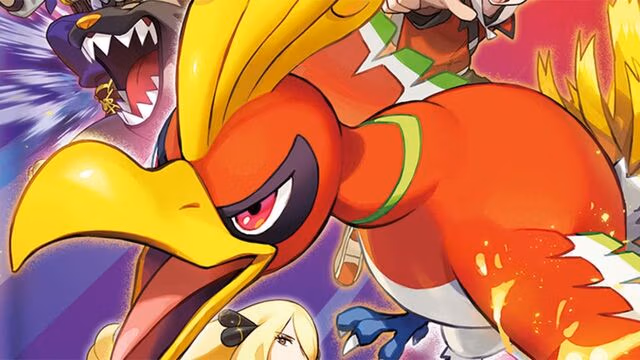 A close-up illustration of the Pokémon Ho-Oh in flight, shown with vibrant red, gold, and green feathers, wings spread wide, and a powerful expression, surrounded by dynamic motion effects and other Pokémon artwork in the background.