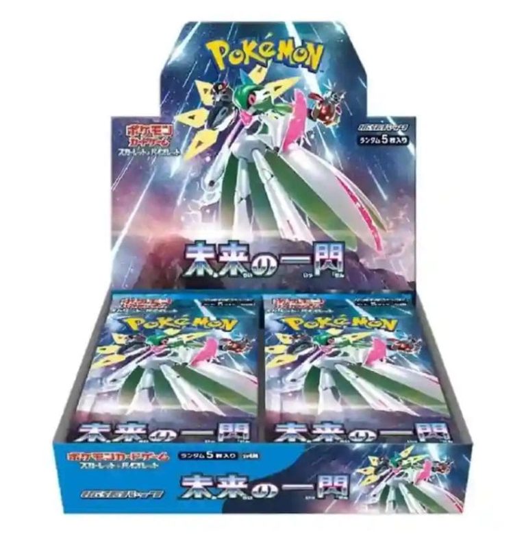 Pokémon Scarlet & Violet Future Flash Booster Box featuring a green and white design. Perfect for collectors and players!