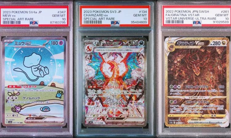 PSA 10 Pokémon cards showcased in a sleek display case, highlighting their pristine condition and collectible value.