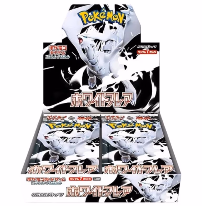 White Flare Pokémon Trading Card Game booster box featuring various collectible cards for gameplay and trading.