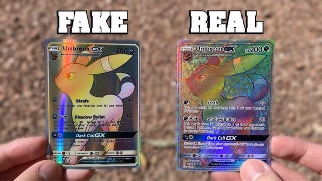 Two cards labeled "Fake" and "Real," representing Pokémon cards, displayed side by side.