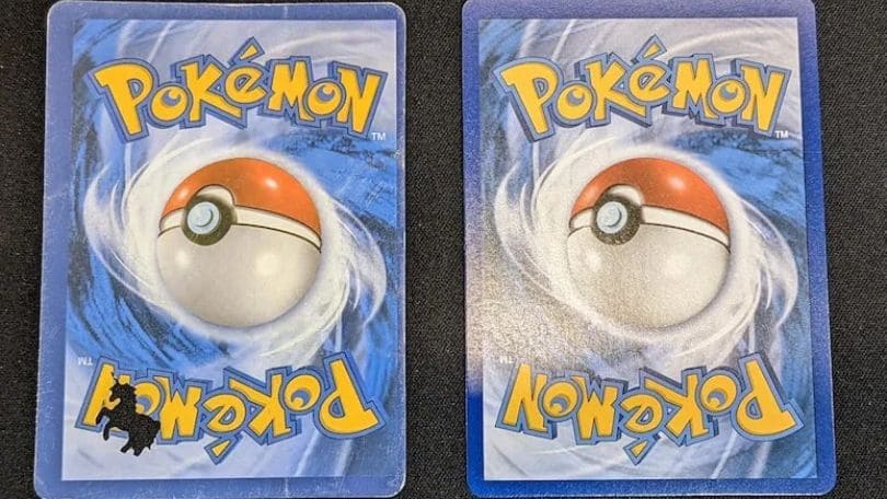 Two identical Pokémon cards displayed side by side, featured in a blog about identifying fake Pokémon cards.