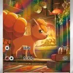 Vulpix Japanese AR card from Mega Brave set showing Vulpix standing by a cozy fireplace in a warm cabin interior