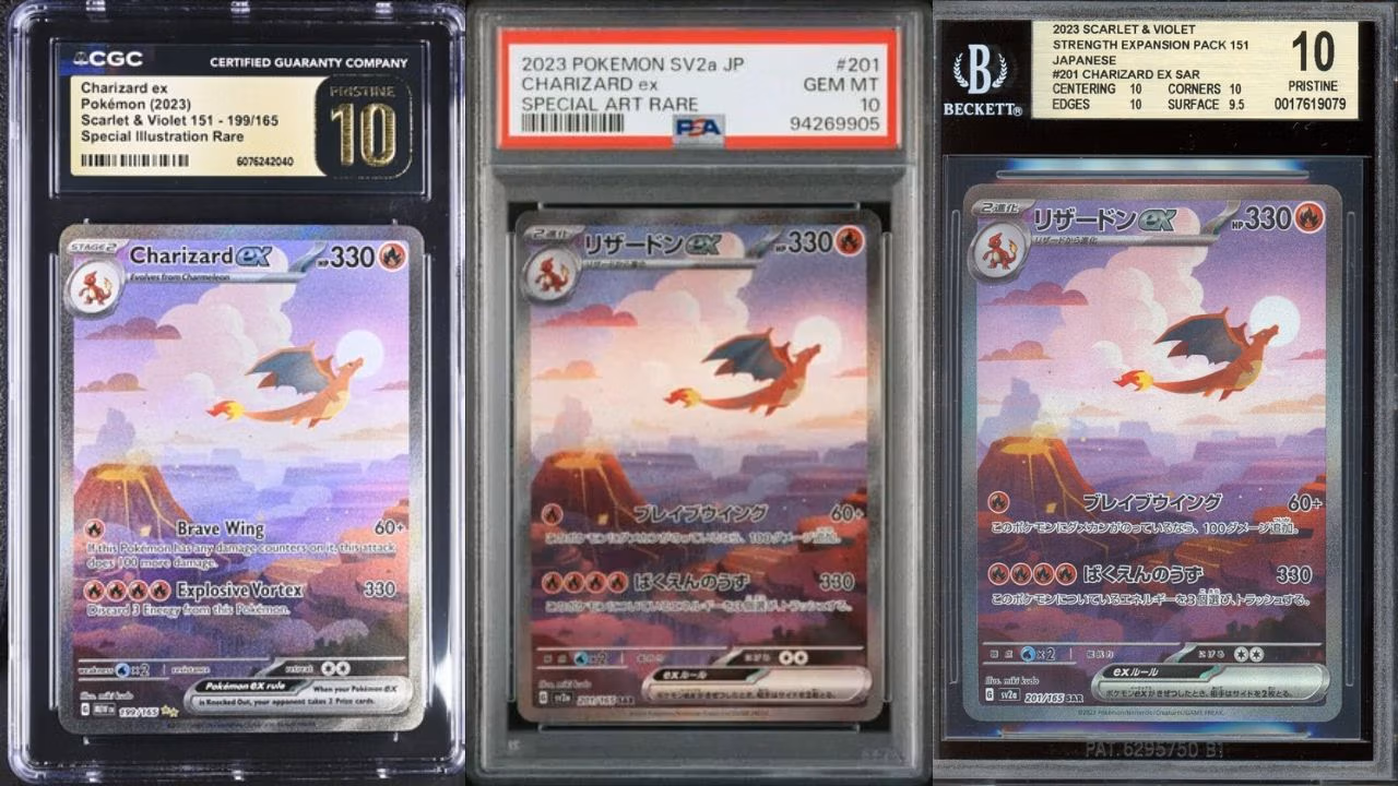 Pokemon cards, including a graded Charizard 151 SAR, are showcased in a display case.