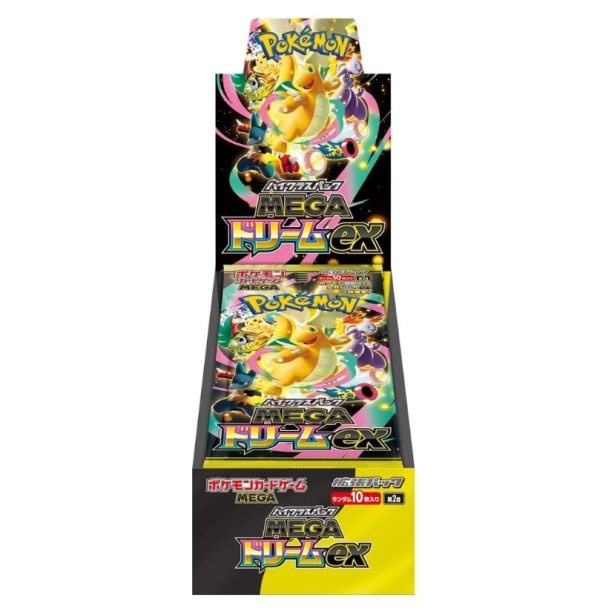 Pokémon Mega Dream Booster Box (M2a) featuring various trading cards, designed for the Pokémon Trading Card Game.