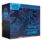 Mega Evolution Phantasmal Flames Elite Trainer Box featuring Pokémon cards and themed accessories.