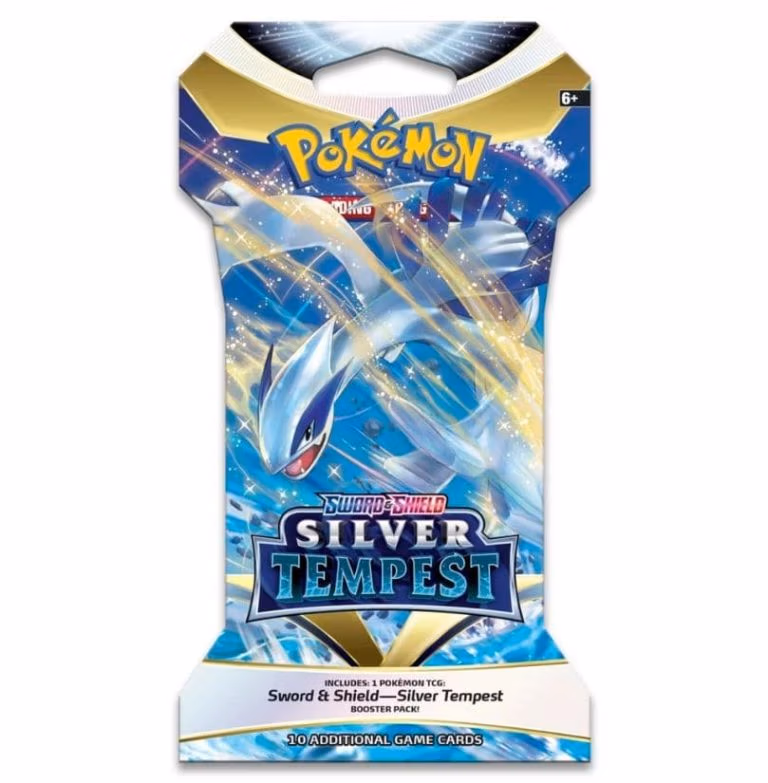 Pokemon TCG Silver Tempest booster pack featuring Lugia on the front, showcasing vibrant artwork and branding.