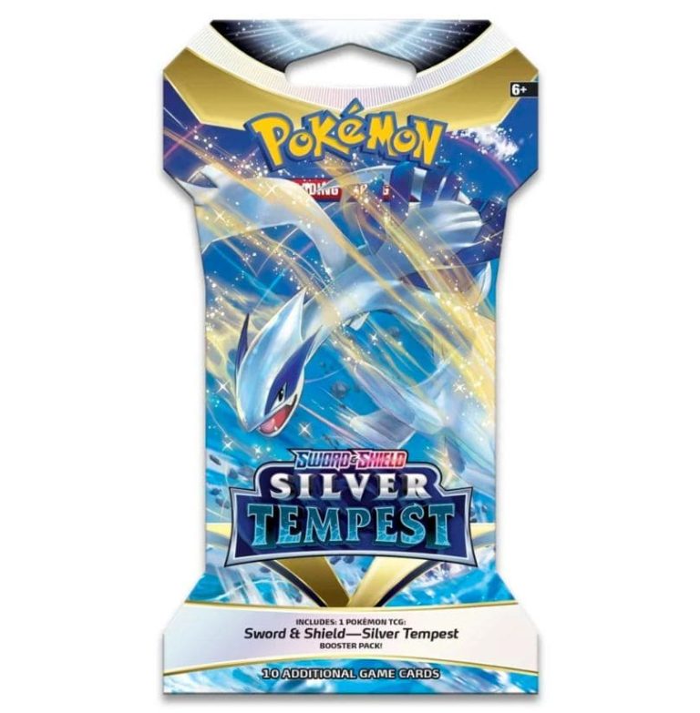 Pokemon TCG Silver Tempest booster pack featuring Lugia on the front, showcasing vibrant artwork and branding.