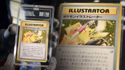 A gloved hand holding a TAG-graded Pokémon Illustrator card encased in a clear slab with a grade of 10, shown next to an enlarged view of the same card artwork, highlighting the premium grading and rarity of the collectible.