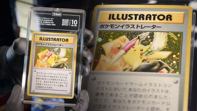 A gloved hand holding a TAG-graded Pokémon Illustrator card encased in a clear slab with a grade of 10, shown next to an enlarged view of the same card artwork, highlighting the premium grading and rarity of the collectible.