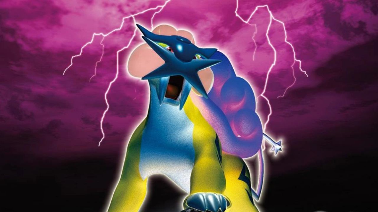 Pokémon Raikou wallpaper featuring the Legendary Electric Pokémon roaring with lightning against a dramatic purple storm sky”