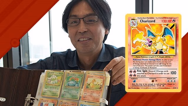 A man wearing glasses smiles while holding a binder filled with vintage Pokémon cards, with a classic Charizard card displayed prominently beside him, highlighting the artwork and history behind early Pokémon Trading Card Game illustrations