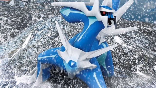 Dialga, the Legendary Steel and Dragon-type Pokémon, emerging from a storm of ice and snow with metallic armor and glowing red eyes