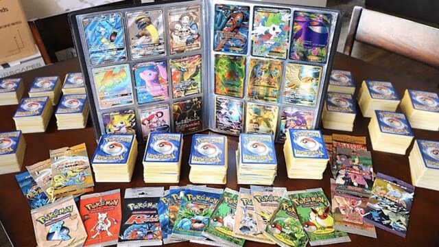 Pokémon card collection featuring binders, rare holographic cards, booster packs, and neatly organized decks for collectors and traders.