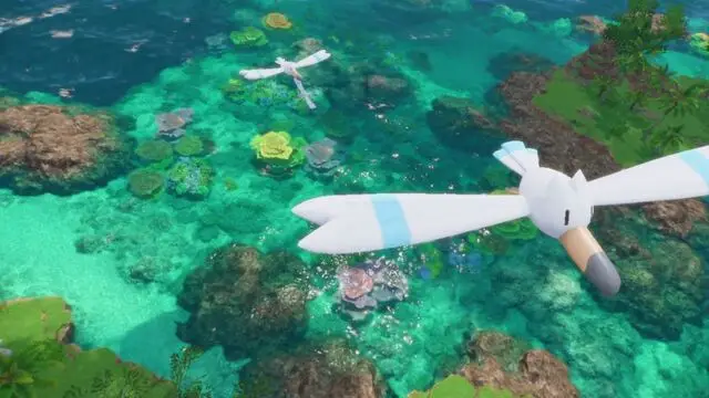 Pokémon Winds and Pokémon Waves gameplay showing bird Pokémon flying over a clear turquoise ocean with coral reefs and small islands below