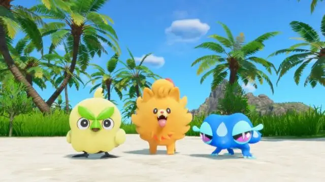 Pokémon Winds and Pokémon Waves starter Pokémon standing on a tropical beach with palm trees and blue sky in the background