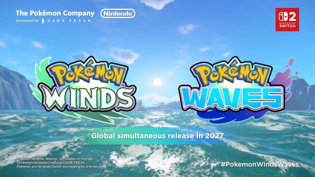 Pokémon Winds and Pokémon Waves logos over an open ocean scene, announcing global simultaneous release in 2027 for Nintendo Switch