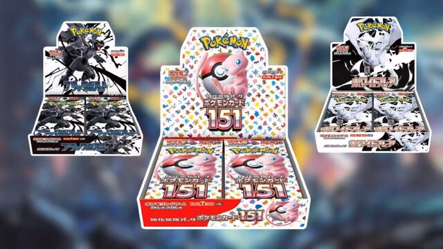Three Japanese Pokémon booster box displays are shown against a blurred colorful background. The center box is Pokémon 151 themed, featuring a Poké Ball and Mew artwork with white packaging covered in small colorful Pokémon silhouettes. On the left and right are black-and-white themed booster boxes with dragon-like Pokémon artwork. Each display box is open to show multiple booster packs inside