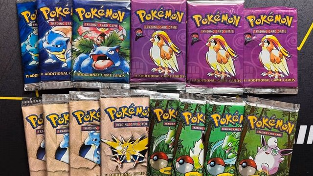 Modern vs Vintage Pokemon Cards: Which Is the Better Investment? A collection of vintage Pokémon booster packs arranged in two rows. The top row includes sealed packs with classic artwork such as Blastoise, Venusaur, and Pidgeot on blue, green, and purple packaging. The bottom row features additional packs with designs including Zapdos, Poké Balls, and various Pokémon illustrations. All packs display the original Pokémon Trading Card Game logo and appear unopened.