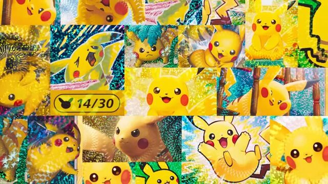 Pokémon TCG 30th Celebration Set Revealed: Release Date, New Futuristic Rare Cards, and Everything We Know A vibrant collage of numerous Pikachu illustrations arranged in overlapping rectangular panels. The images feature Pikachu in a variety of poses and art styles, including smiling, waving, running, and sitting. Bright yellow, gold, blue, and green colors dominate the composition, with sparkling holographic effects throughout. Near the center-left is a yellow label displaying “14/30” alongside a Pikachu tail icon. The overall design has a celebratory, collectible-card aesthetic focused entirely on Pikachu.