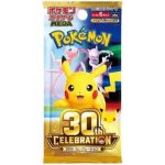 Pokémon 30th Celebration Japanese Booster Pack featuring Pikachu, Mew, and Mewtwo with gold anniversary-themed packaging.